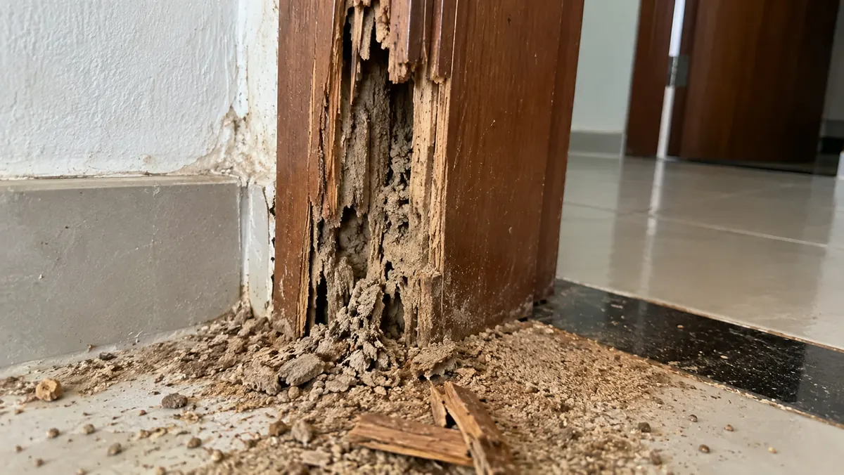 Batente e rodapé de madeira destruídos por cupim — dano estrutural que a Imuniprex identifica na inspeção técnica