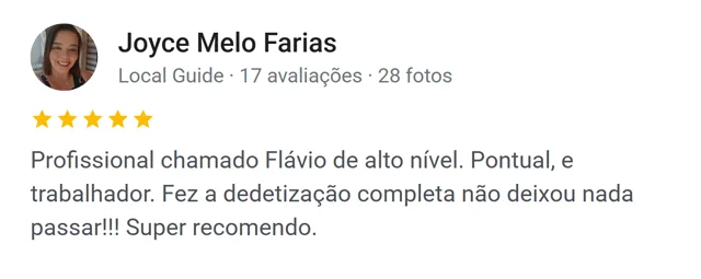 Avaliação de Joyce Melo Farias no Google: profissional pontual, fez a dedetização completa e não deixou nada passar