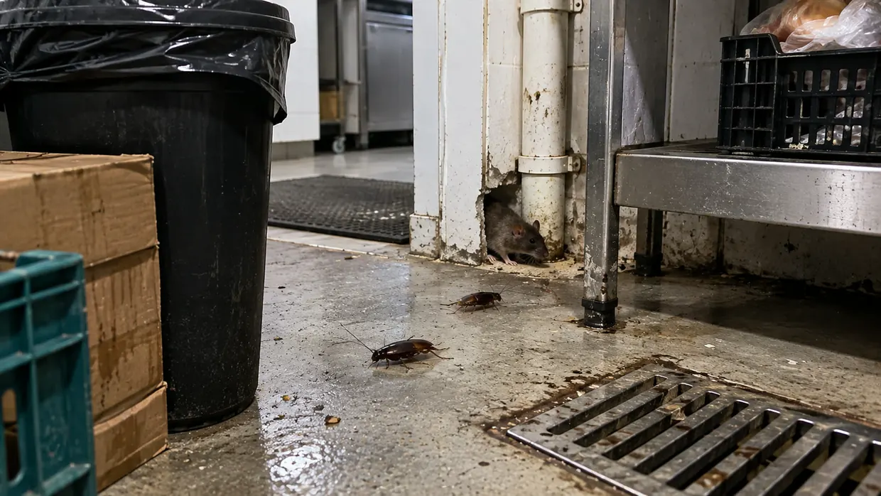 Rato e baratas em área de depósito comercial — pragas urbanas atendidas pela Imuniprex